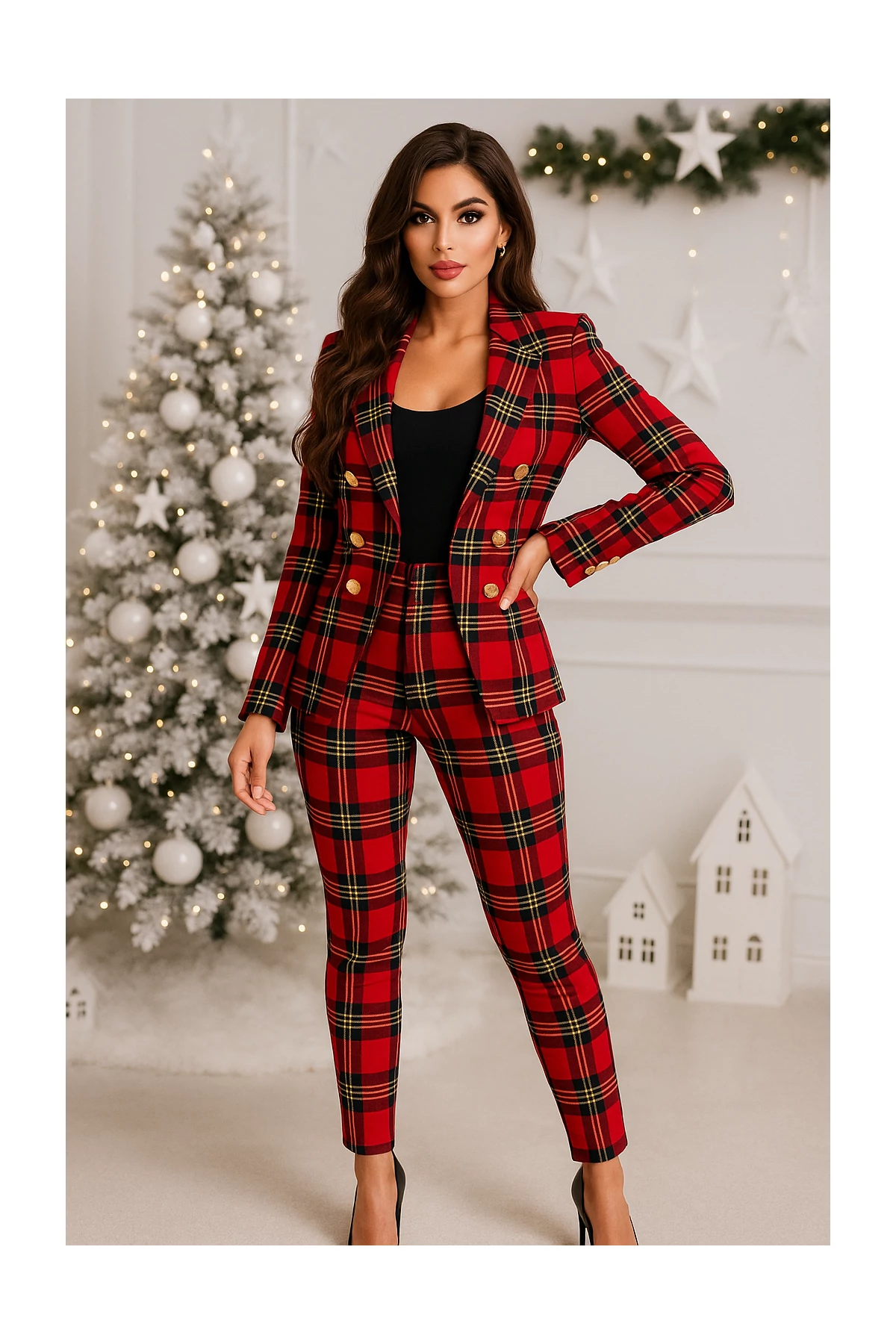 NAVY piros kockázott mintás kosztüm szett