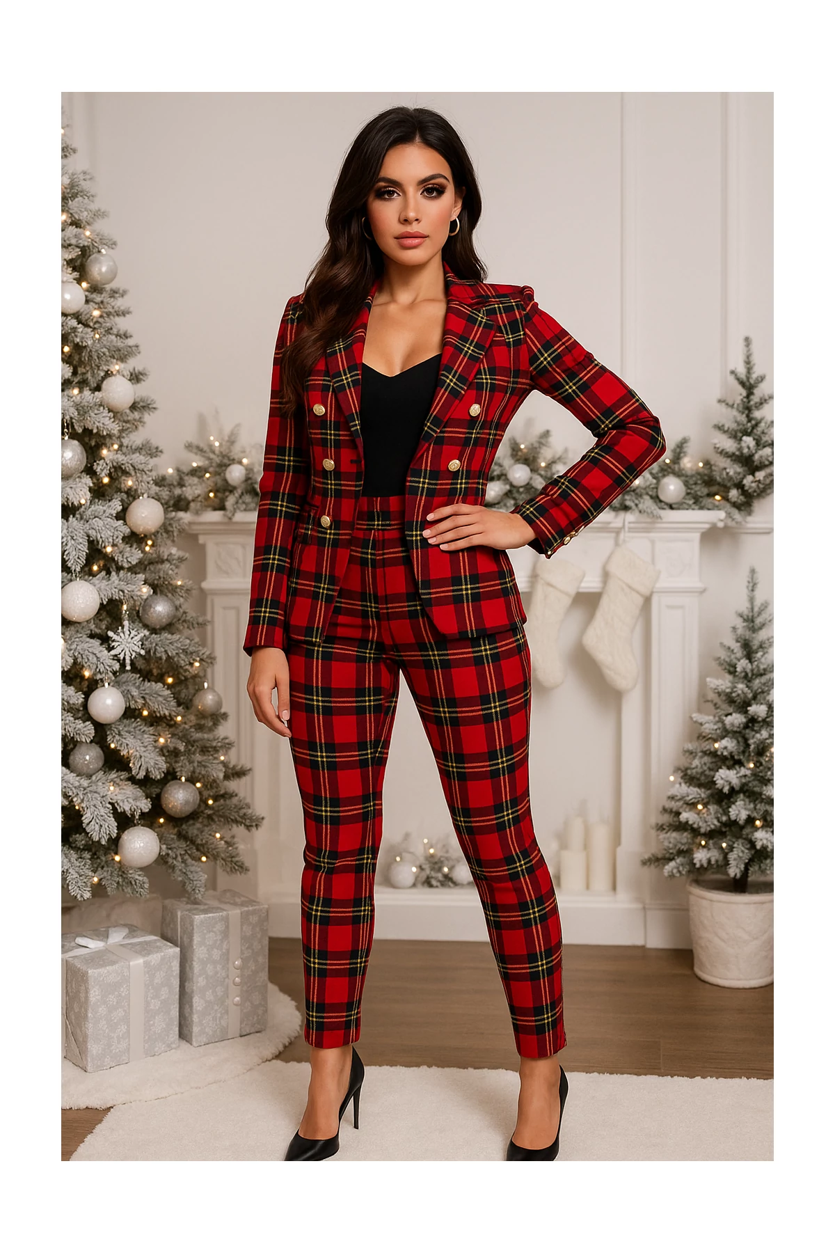 NAVY piros kockázott mintás kosztüm szett