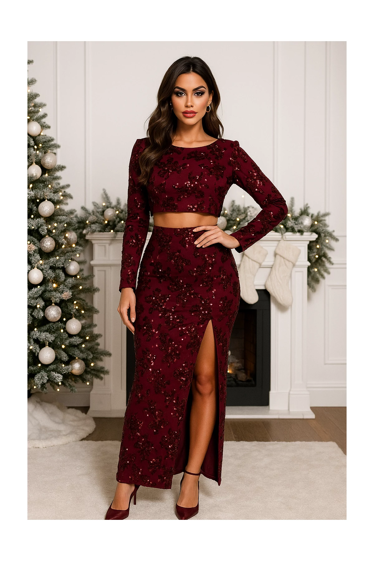 VENICA burgundi flitteres szoknya szett