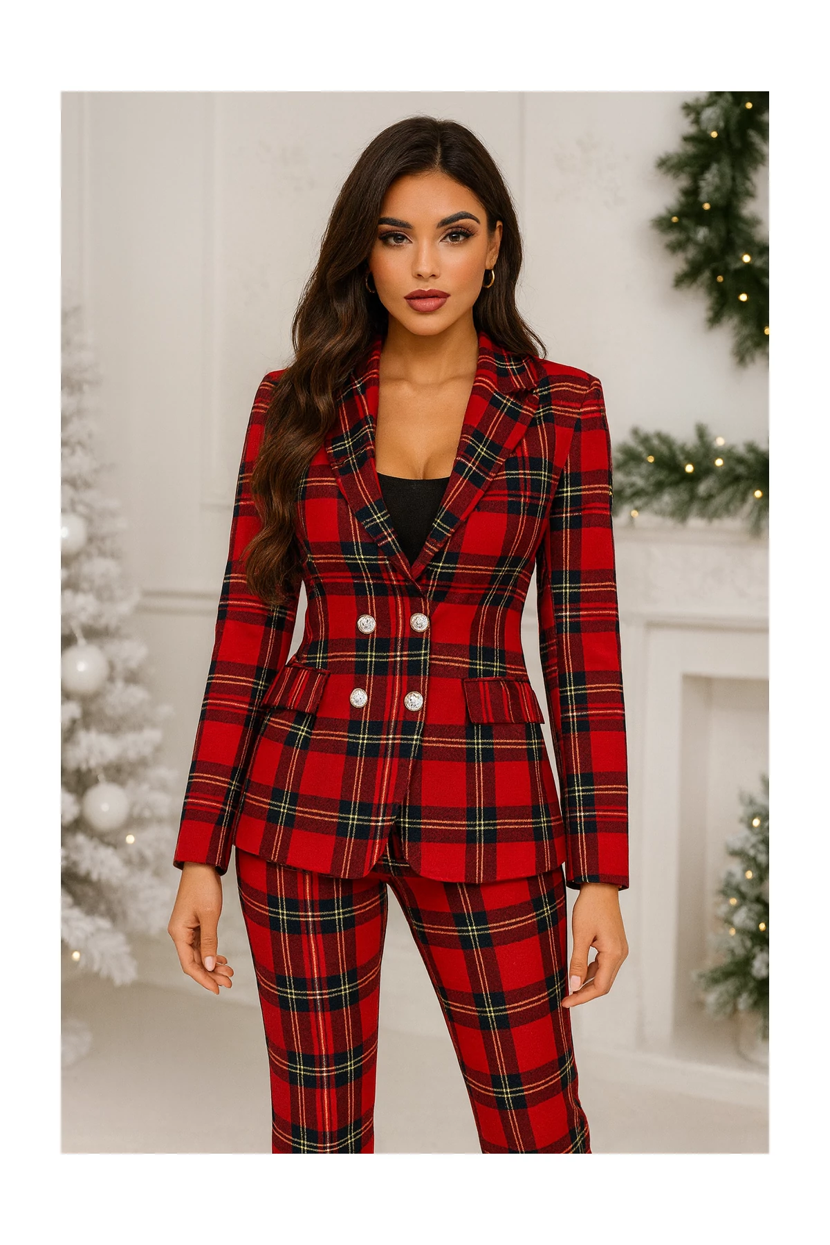 NAVY piros kockázott mintás kosztüm szett