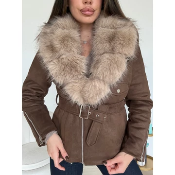 RASE barna művelúr kabát szőrmével