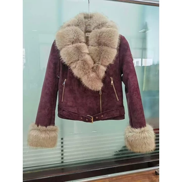 RASE bordó művelúr kabát szőrmével