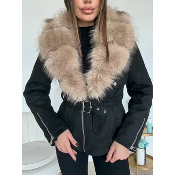 RASE fekete művelúr kabát szőrmével