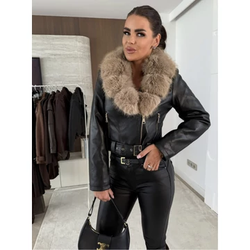 SEVNA fekete műbőr kabát szőrmével