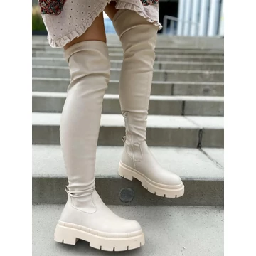 Bézs műbőr combcsizma