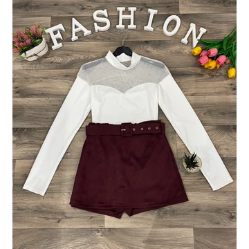 ANDEL bordó velúr szoknyanadrág övvel