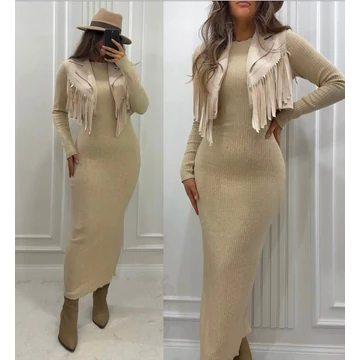 VIRALE bézs bodycon maxi kötött ruha
