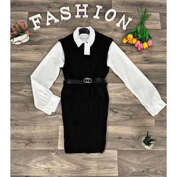 SAMIRA fekete kötött ruha inggel és műbőr övvel