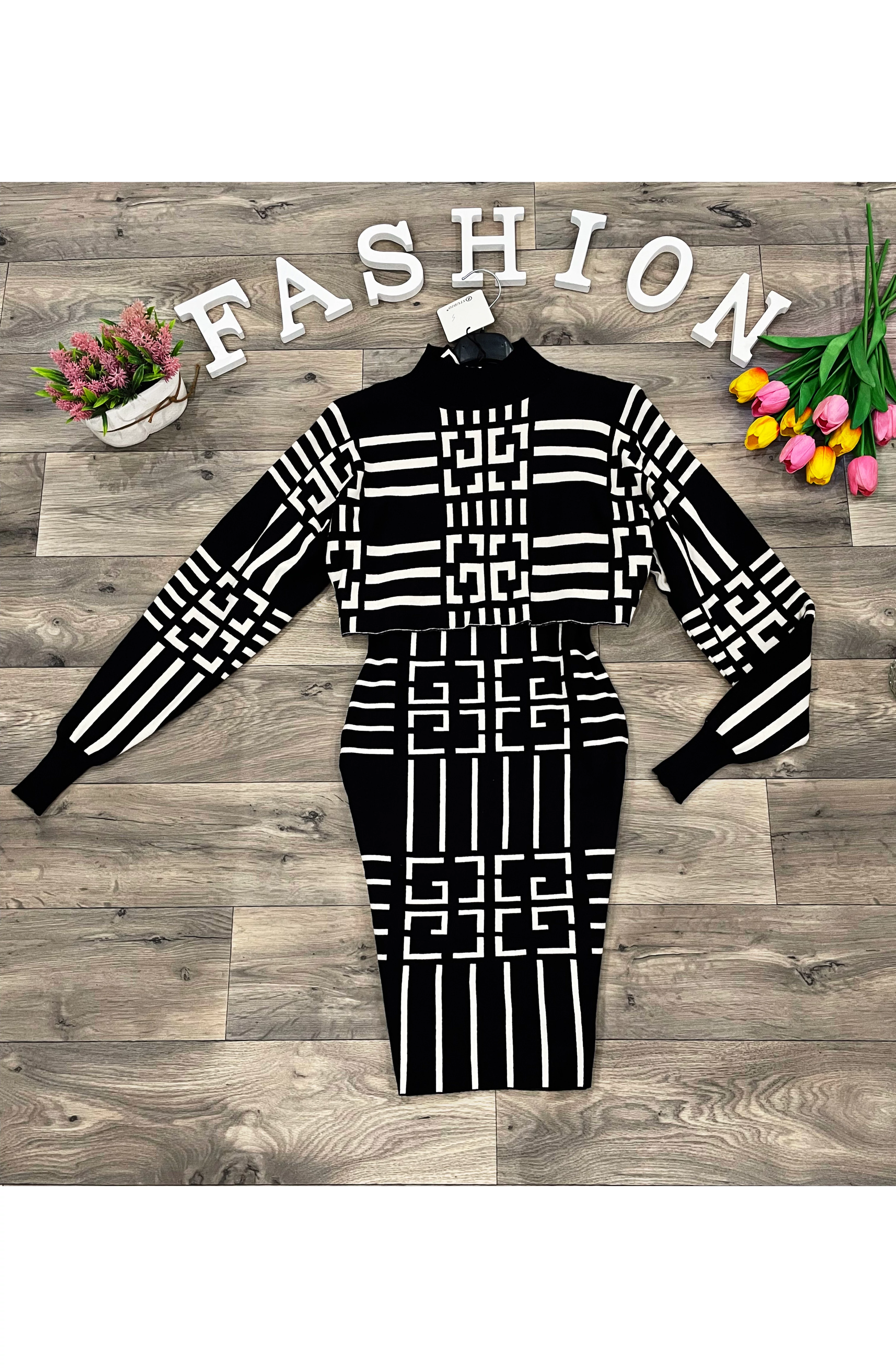 STERY fekete-fehér kötött ruha szett