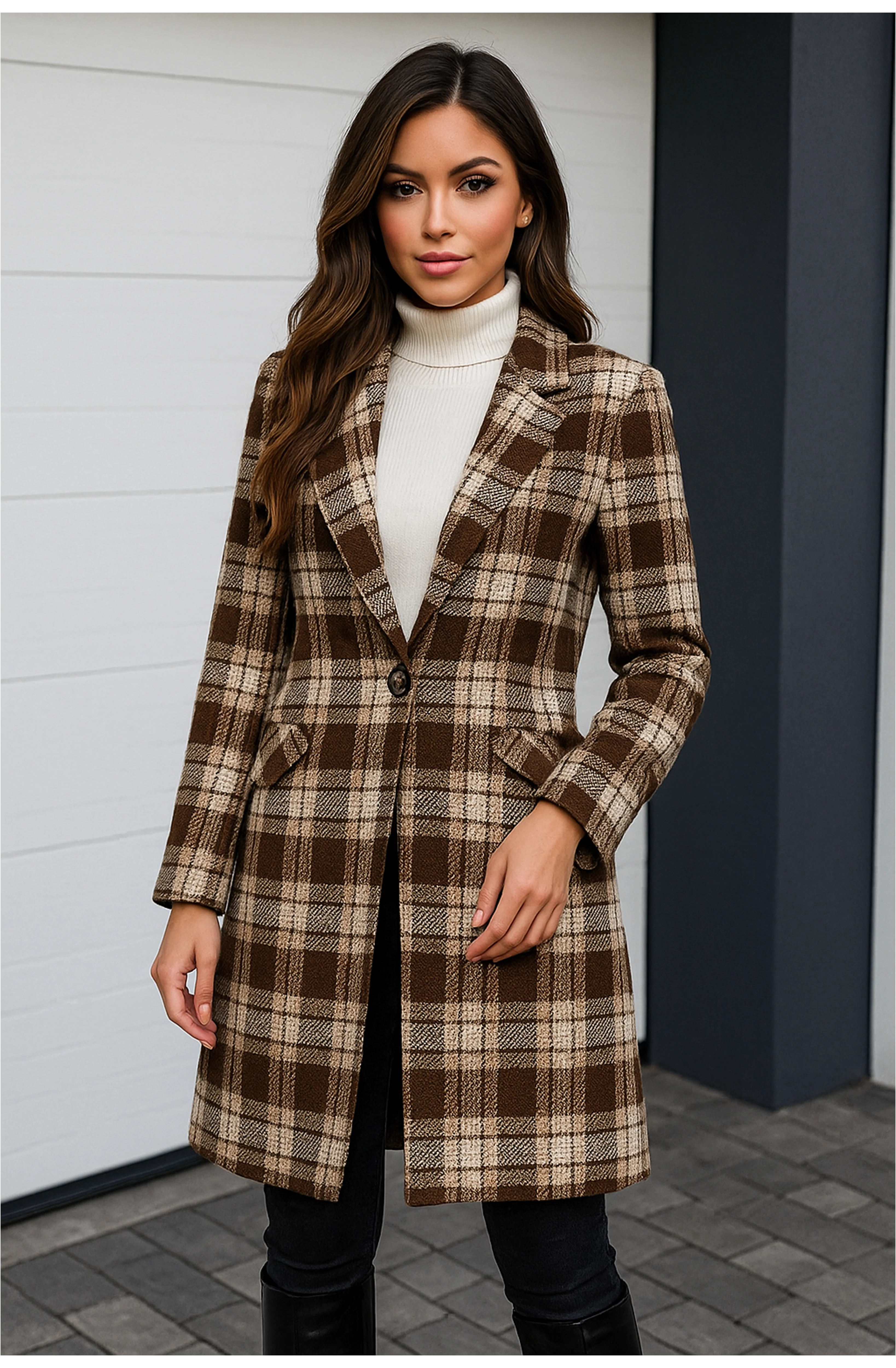 LUCY barna kockázott mintás szövetkabát