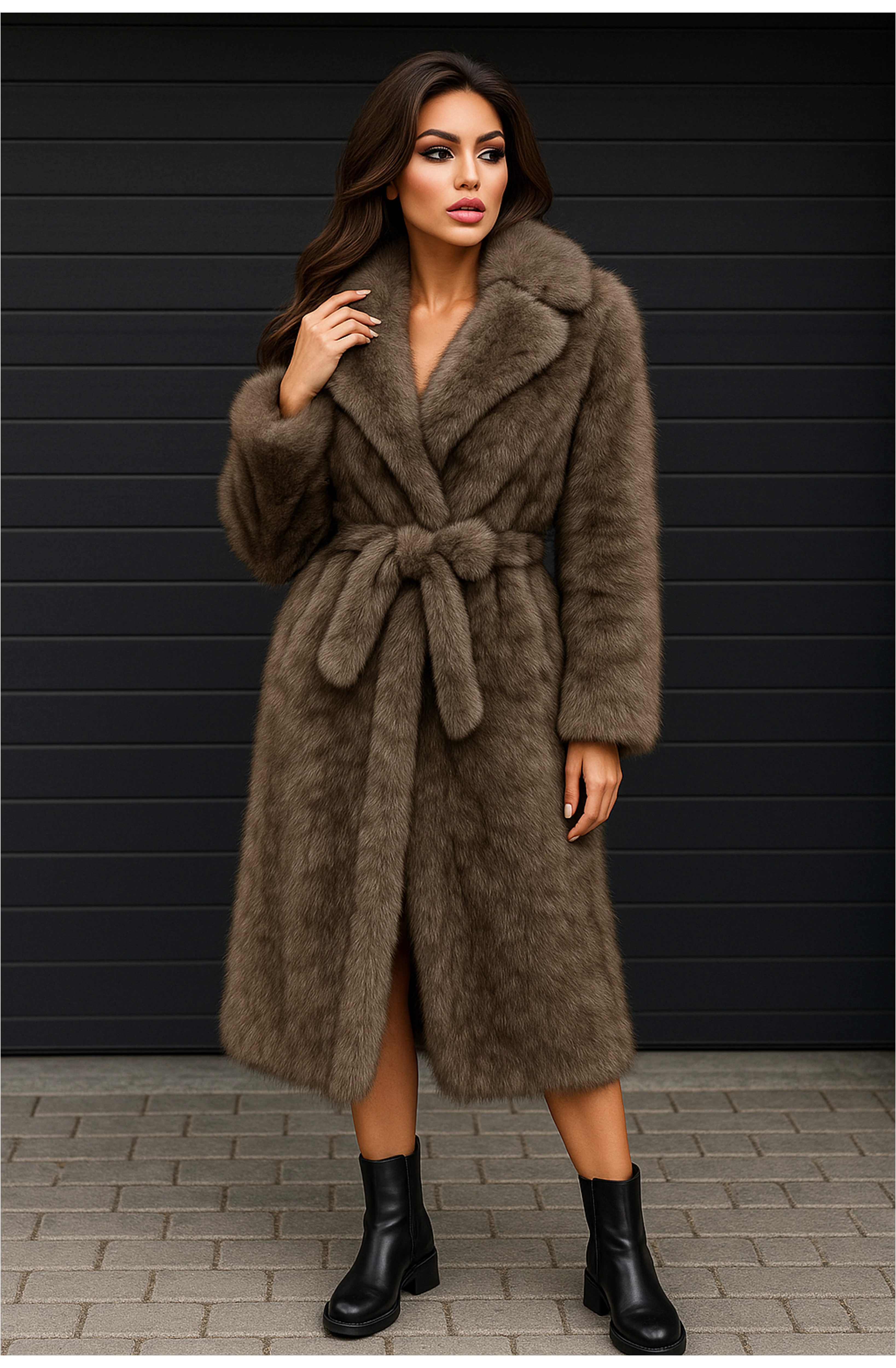 Szürke műszőrme bunda övvel