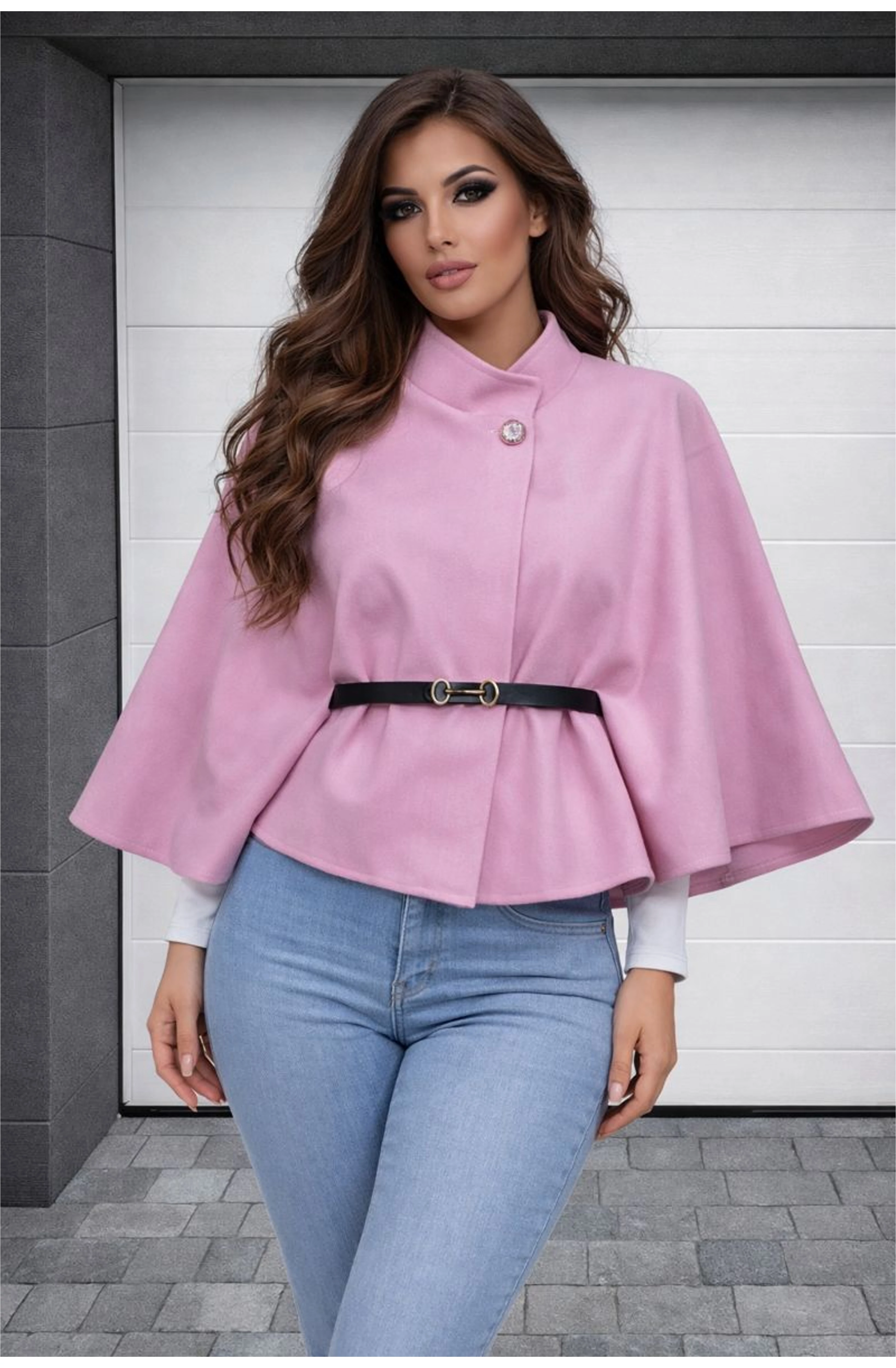 BABE rózsaszín poncsó műbőr övvel