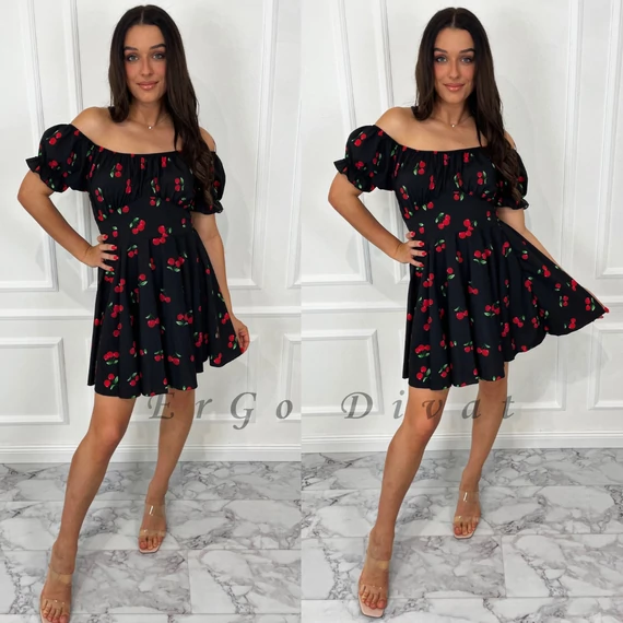 JAMINA fekete cseresznye mintás ruha