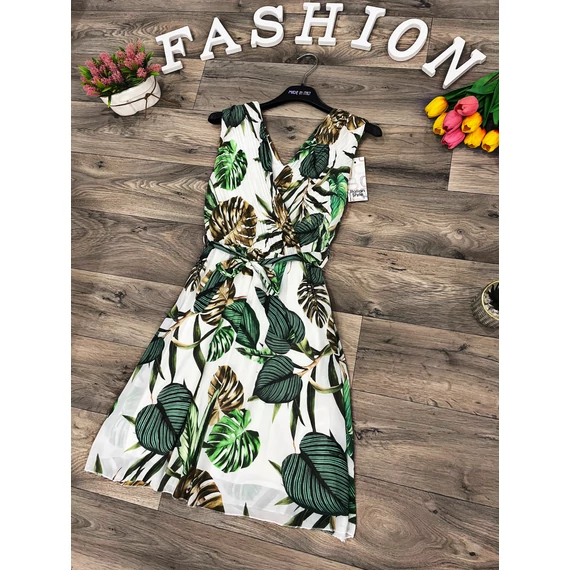 DELPHI fehér pálma mintás ruha megkötővel