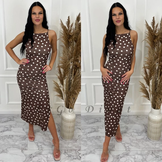 HALCYON barna pöttyös mintás bodycon ruha
