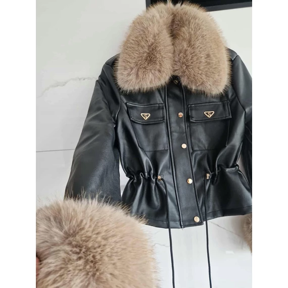 GLACE fekete műbőr szőrme kabát