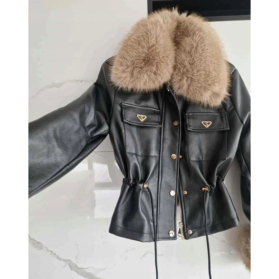 GLACE fekete műbőr szőrme kabát