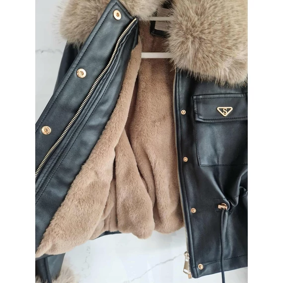 GLACE fekete műbőr szőrme kabát