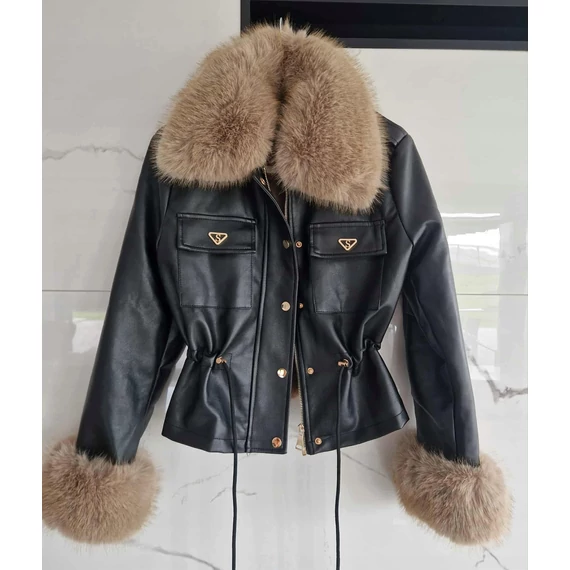 GLACE fekete műbőr szőrme kabát