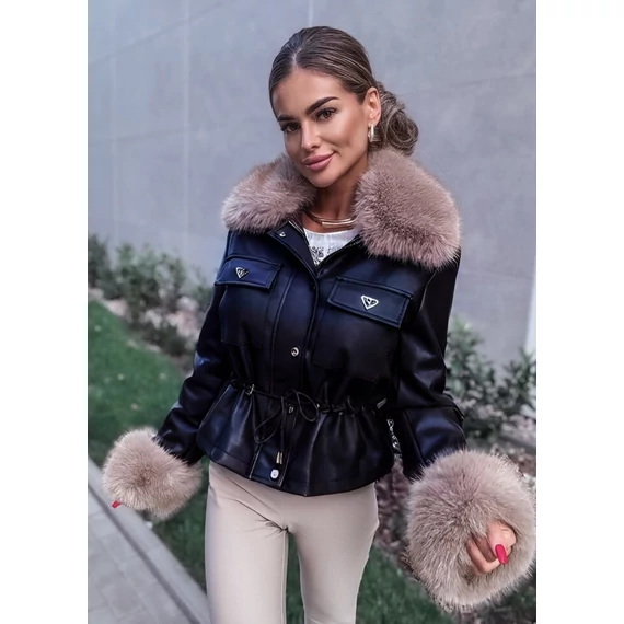 GLACE fekete műbőr szőrme kabát