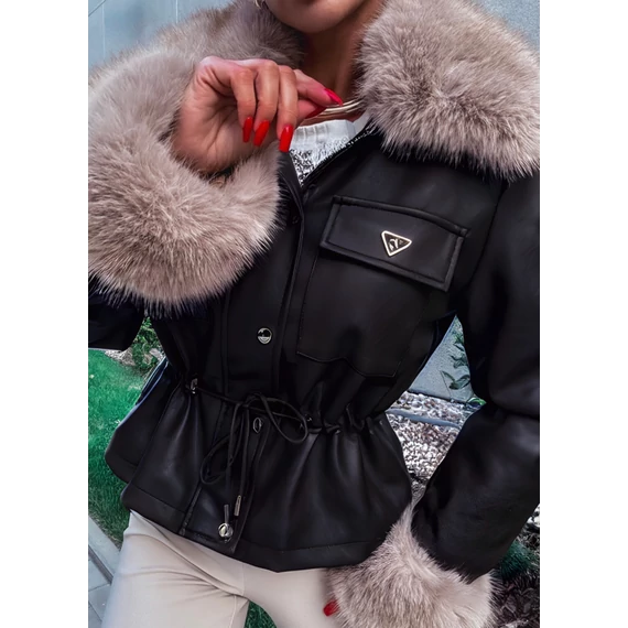 GLACE fekete műbőr szőrme kabát