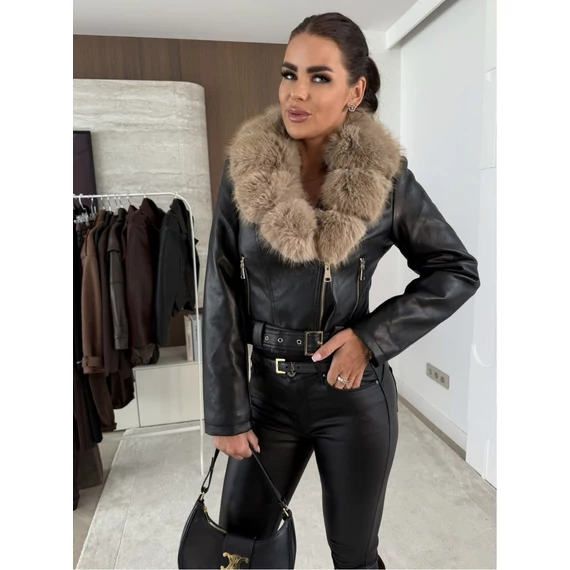 SEVNA fekete műbőr kabát szőrmével