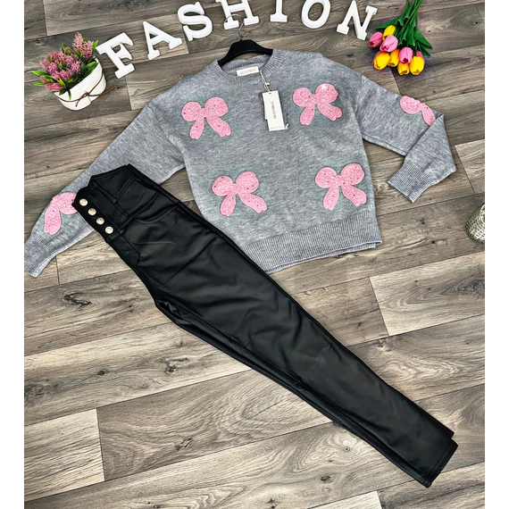 MIRA szürke kötött masnis pulóver