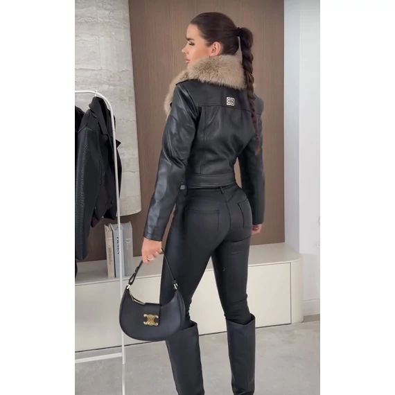 SEVNA fekete műbőr kabát szőrmével