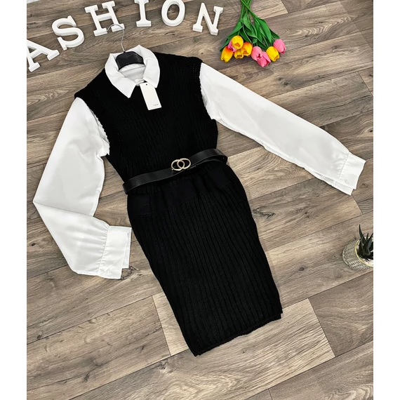 SAMIRA fekete kötött ruha inggel és műbőr övvel