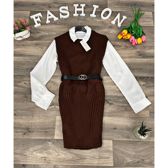 SAMIRA csokibarna kötött ruha inggel és műbőr övvel