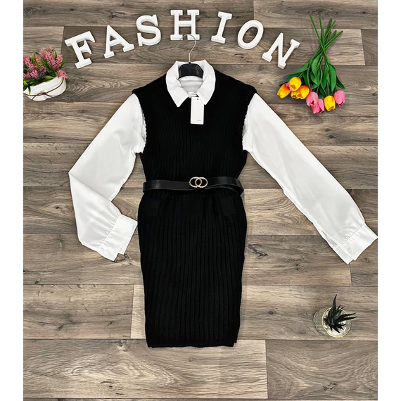 SAMIRA fekete kötött ruha inggel és műbőr övvel